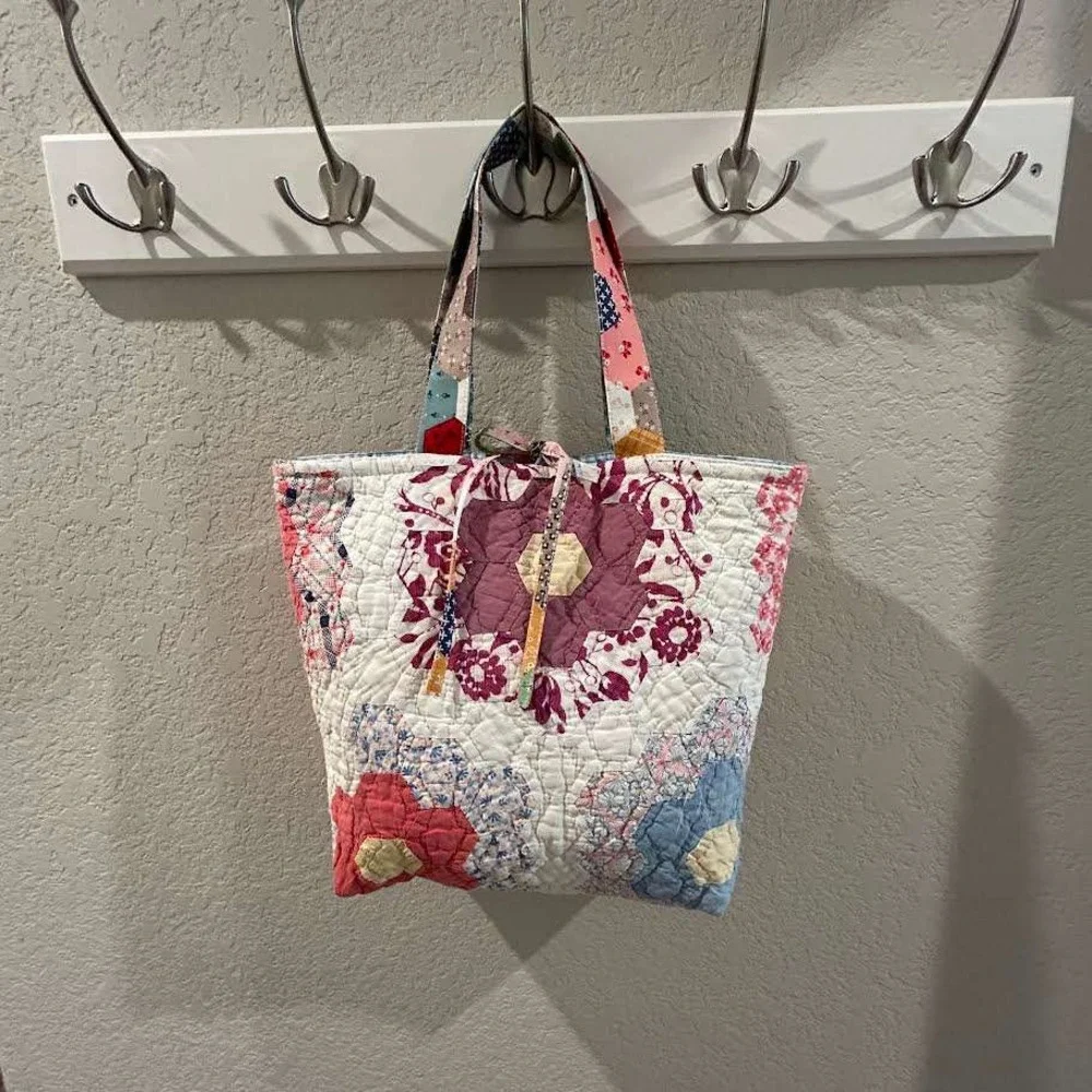 Vintage Grandma's Flower Garden Quilt Upcycled Tote Bag Purse - Gorgeous!